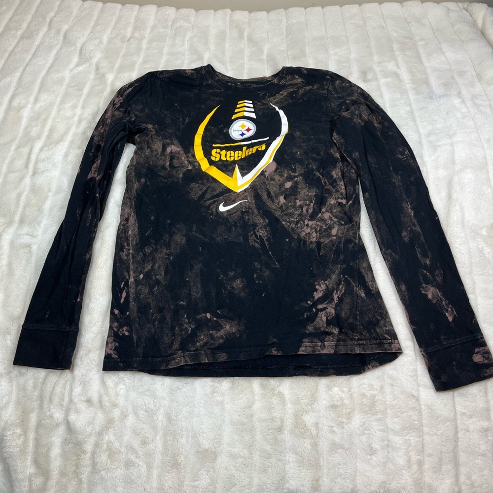 NFL Nike Boys Kid XL Long Sleeve Pittsburgh Steelers Bleach Dye Fall Upcycle Tee